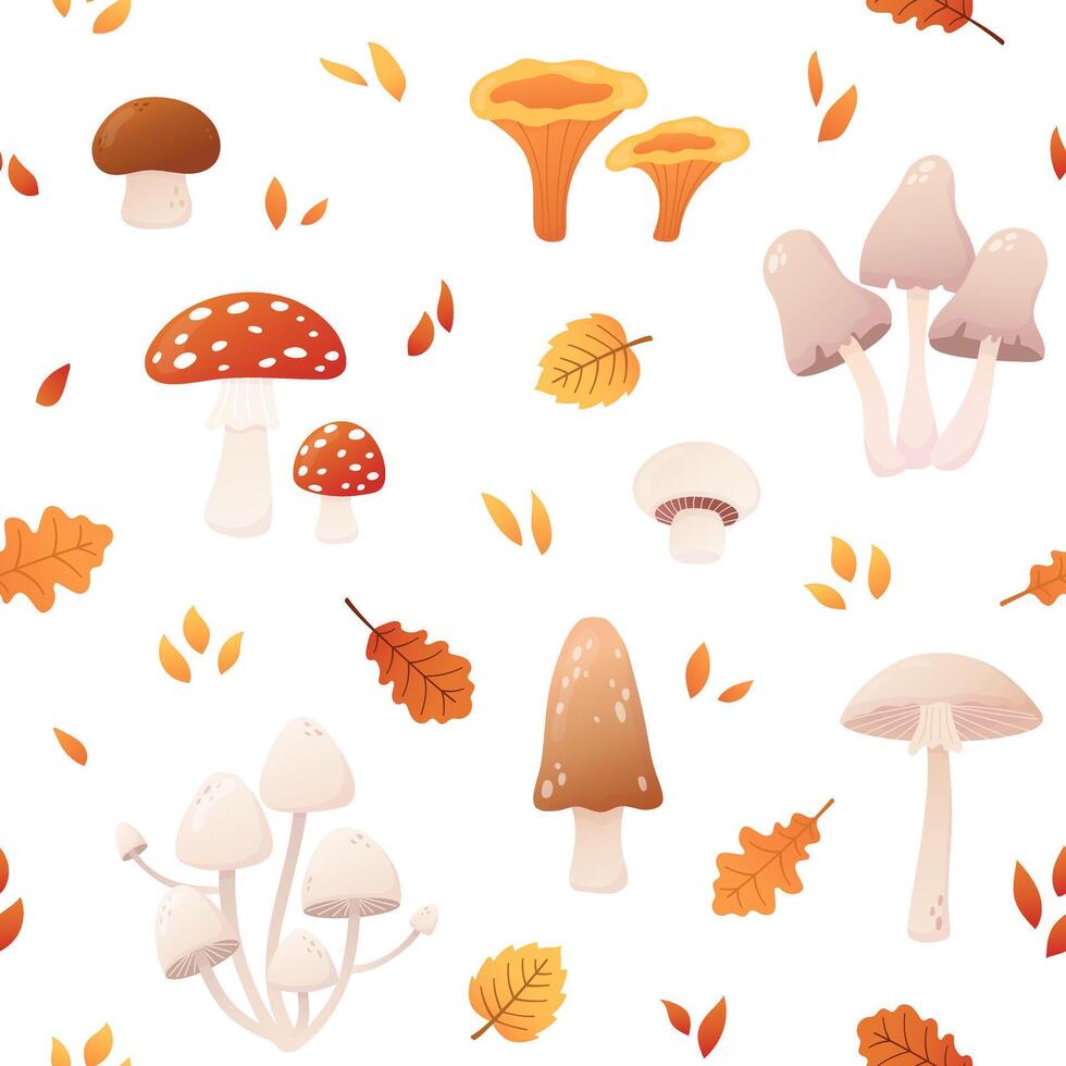 Autumn seamless pattern with cartoon mushrooms and leaves. Fly agaric, toadstool, chanterelles. Porcini and champignon. Poisonous and edible mushrooms on white background. vector