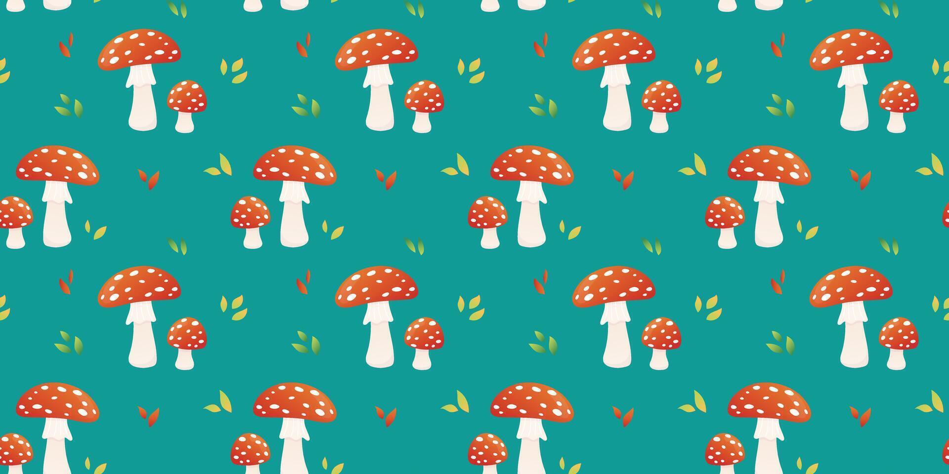 Fly agaric cartoon autumn seamless pattern. Poisonous mushrooms on turquoise background. vector
