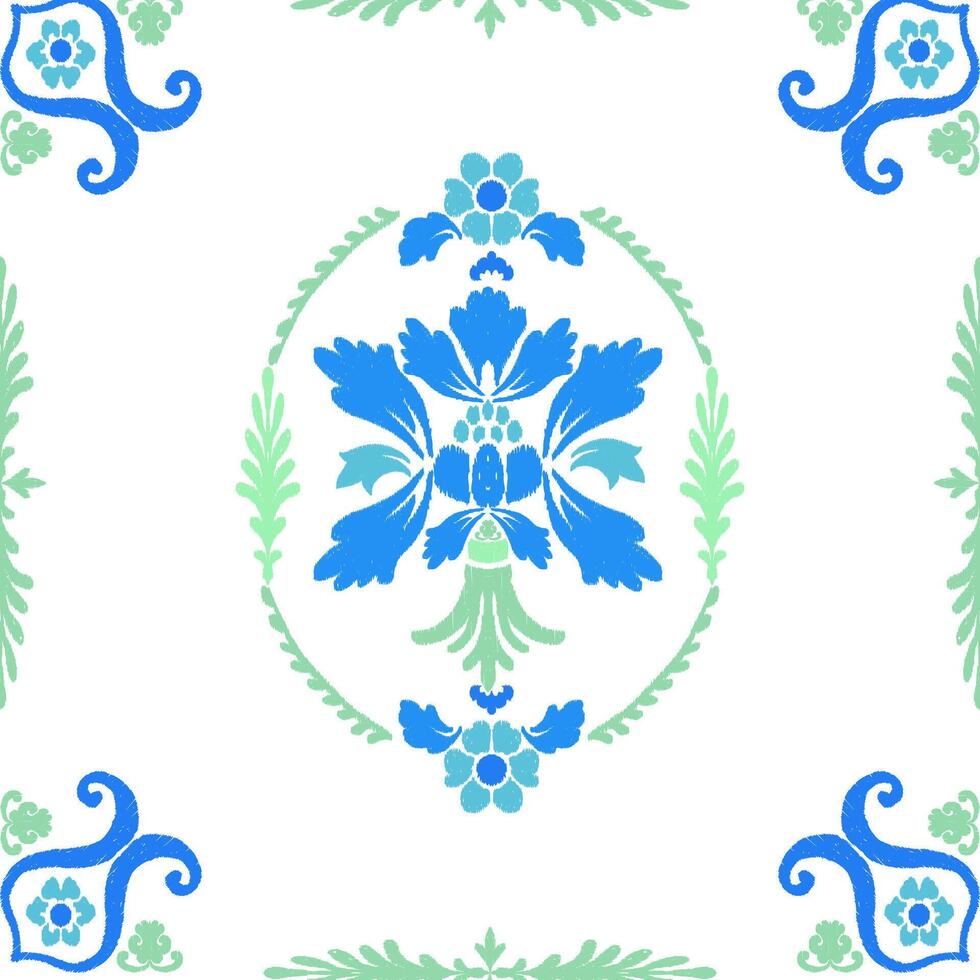 Blue and Green Floral Ikat Pattern Design with Symmetrical Motifs vector