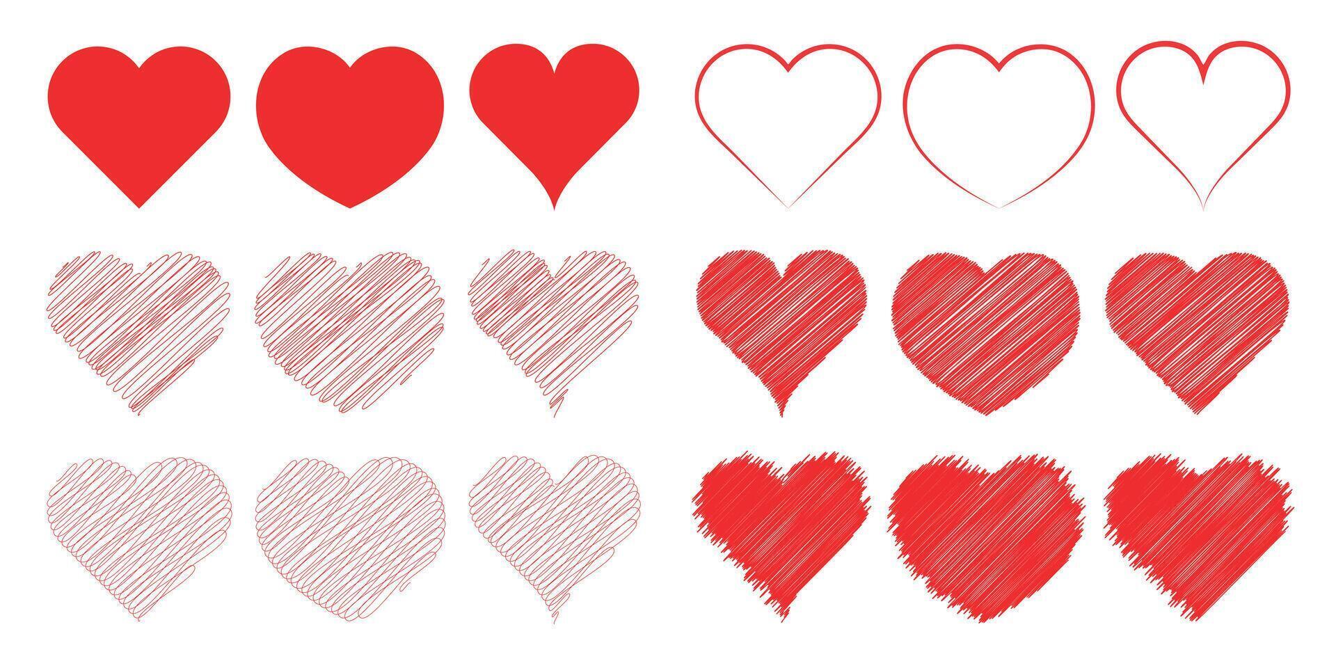 Set of Red Hearts - Flat, Outline and Scribble vector