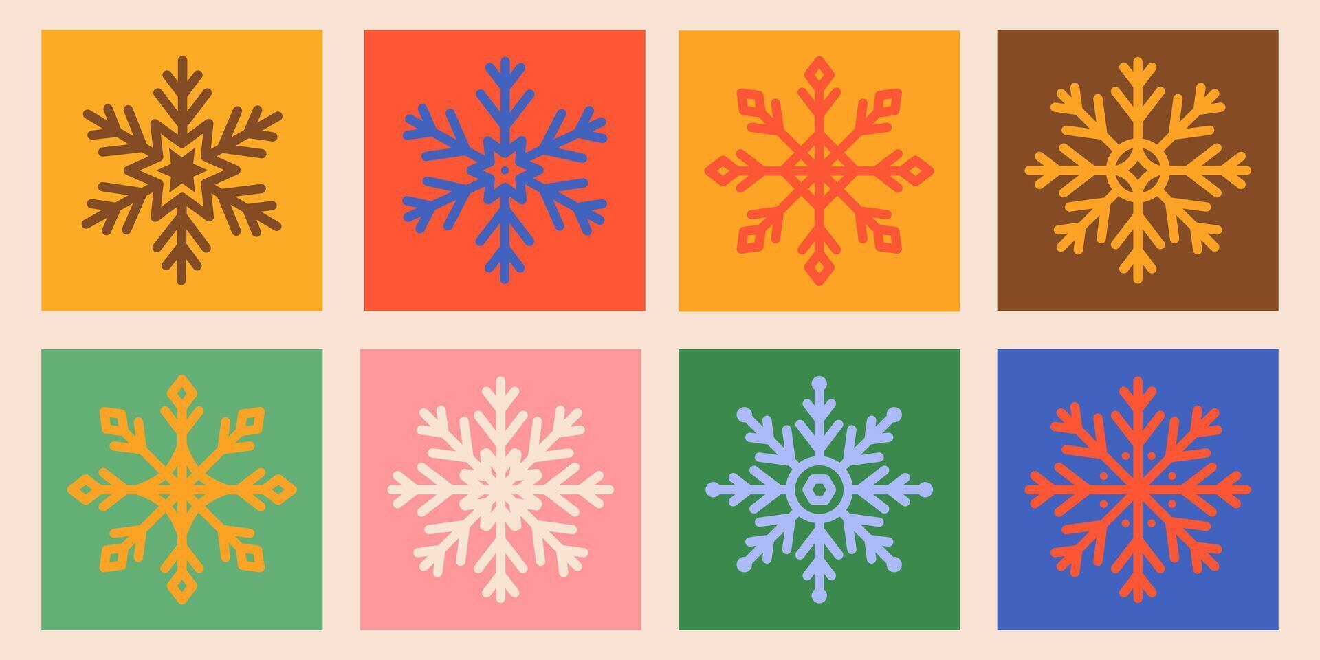 Snowflakes icons set.Frozen sign.Decorative colorful elements for Christmas and New Year holiday.Bright various snow isolated on colorful background.Winter collection. illustration EPS 10 vector