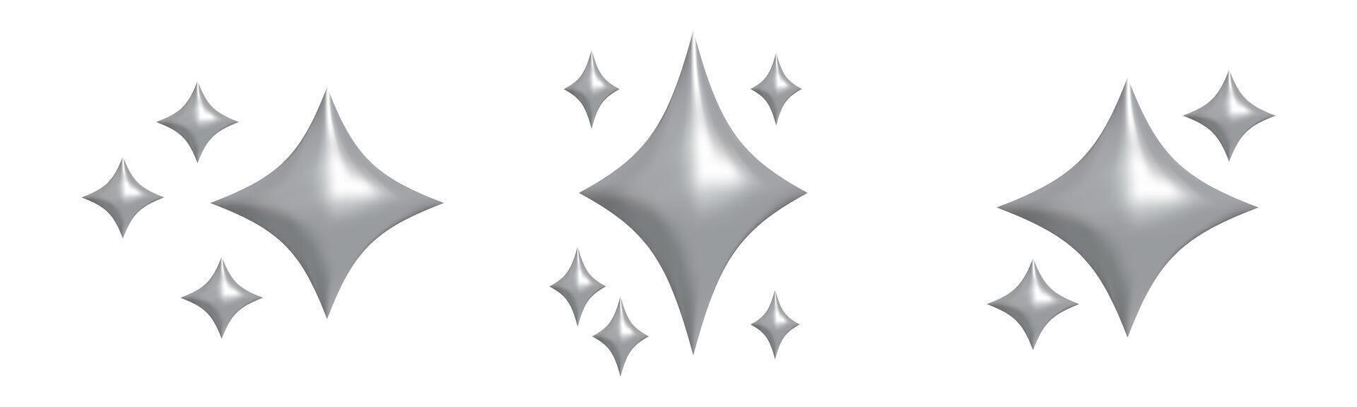 Shining silver stars emoji set.3d style gray metallic star icon,twinkle social media platform symbol on transparent background. illustration EPS 10 vector