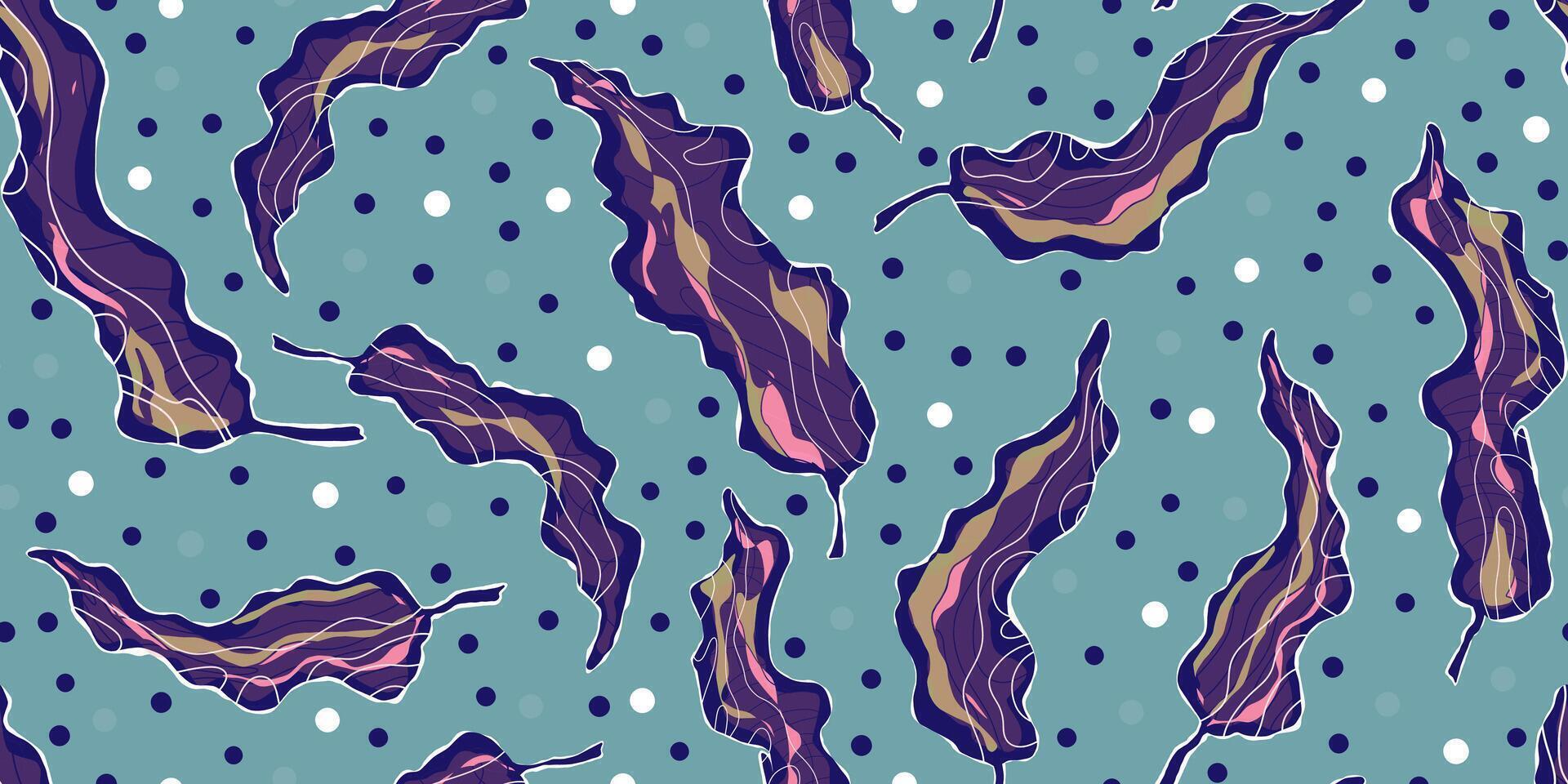 a blue and purple pattern with leaves vector