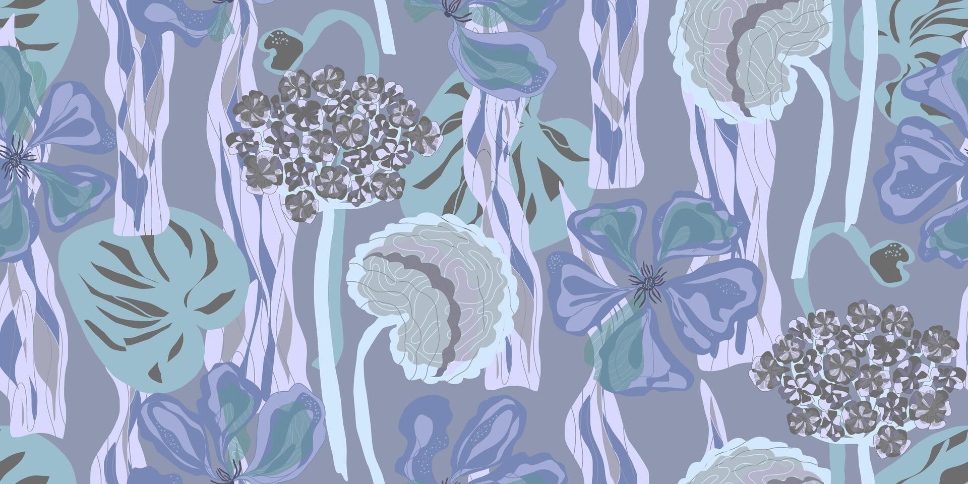 a blue and gray floral pattern with leaves and flowers vector