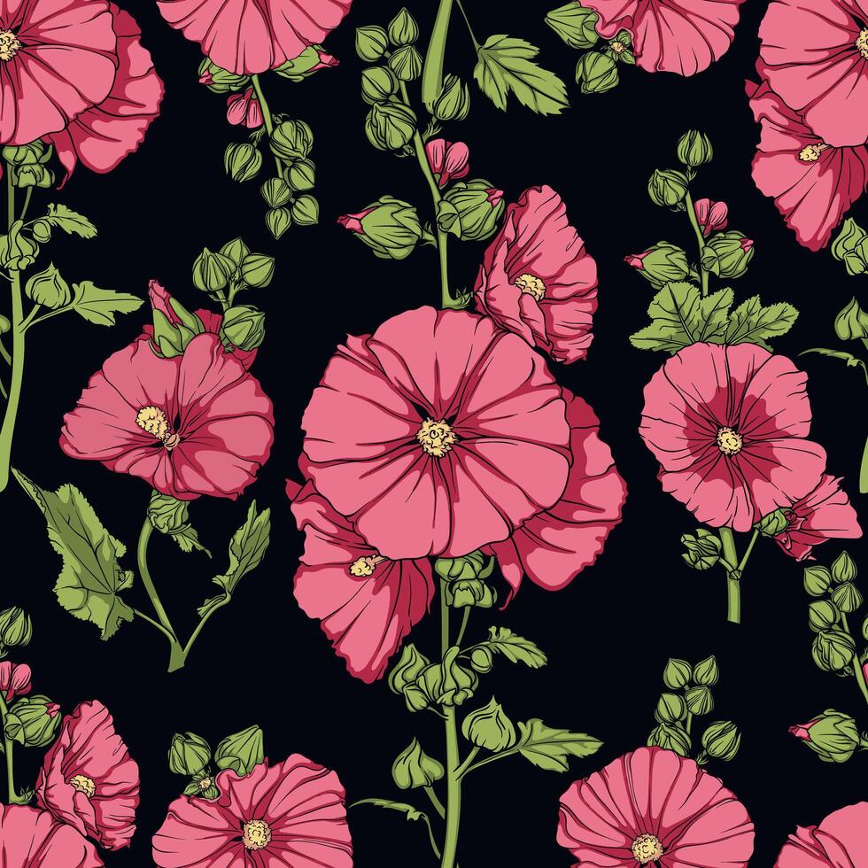 Seamless pattern with pink mallow flowers on a black background. Stylish composition of pink mallow flowers and green leaves on a rich black background. vector