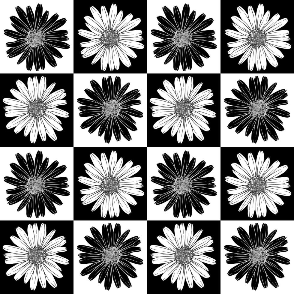 Black and white pattern with daisies arranged in a checkerboard pattern. Contrasting and symmetrical pattern. Seamless pattern for textiles, wallpaper, packaging. vector
