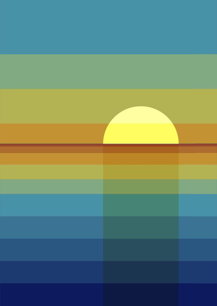 Ocean or sea sunset with colorful waves geometric poster. Summer blue seascape vector