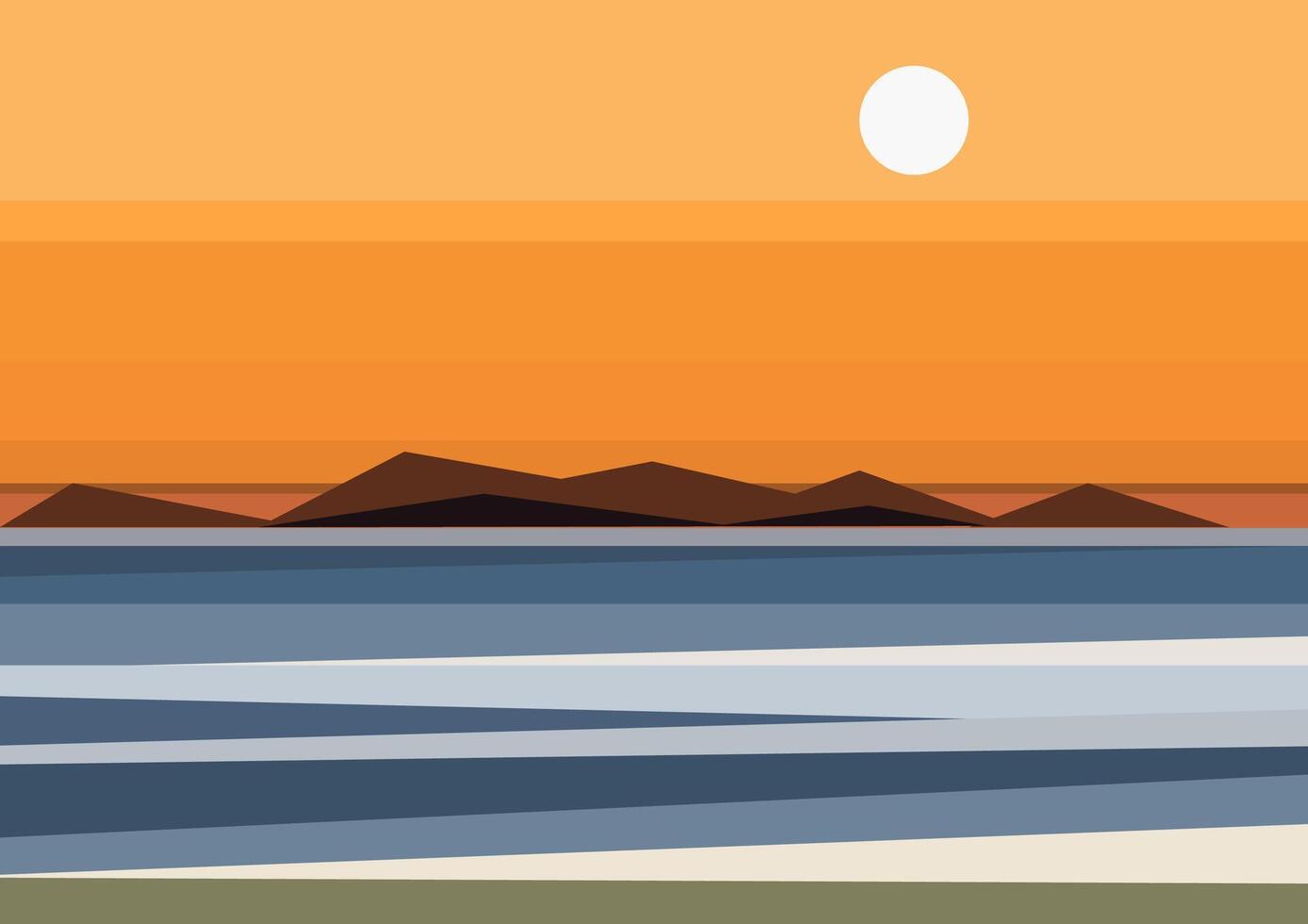 Seaside landscape with mountains illustration. Sunset or sunrise in ocean vector
