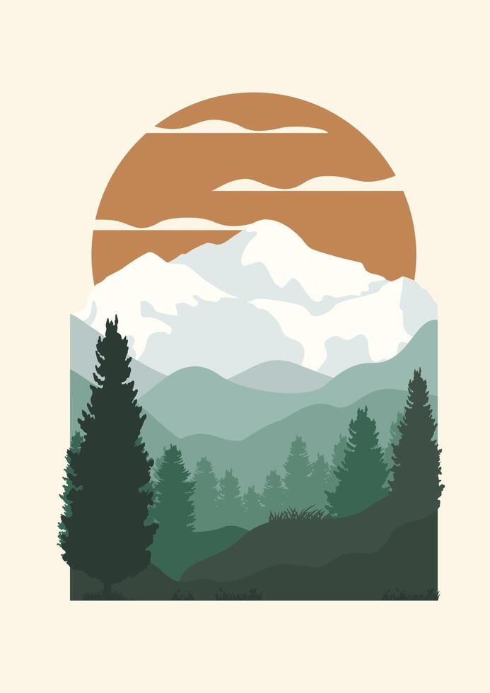 View on winter mountains with cold sunrise poster print. Aesthetic minimalist fog flat forest. Yellowstone vector