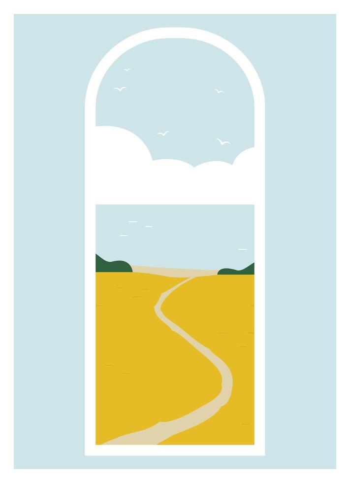 Autumn countryside landscape scene with wheat field. Seaside and clouds cartoon style illustration vector