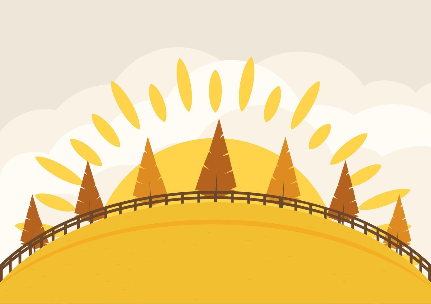 Autumn landscape in simple style background. Yellow and brown trees on hill flat illustration vector