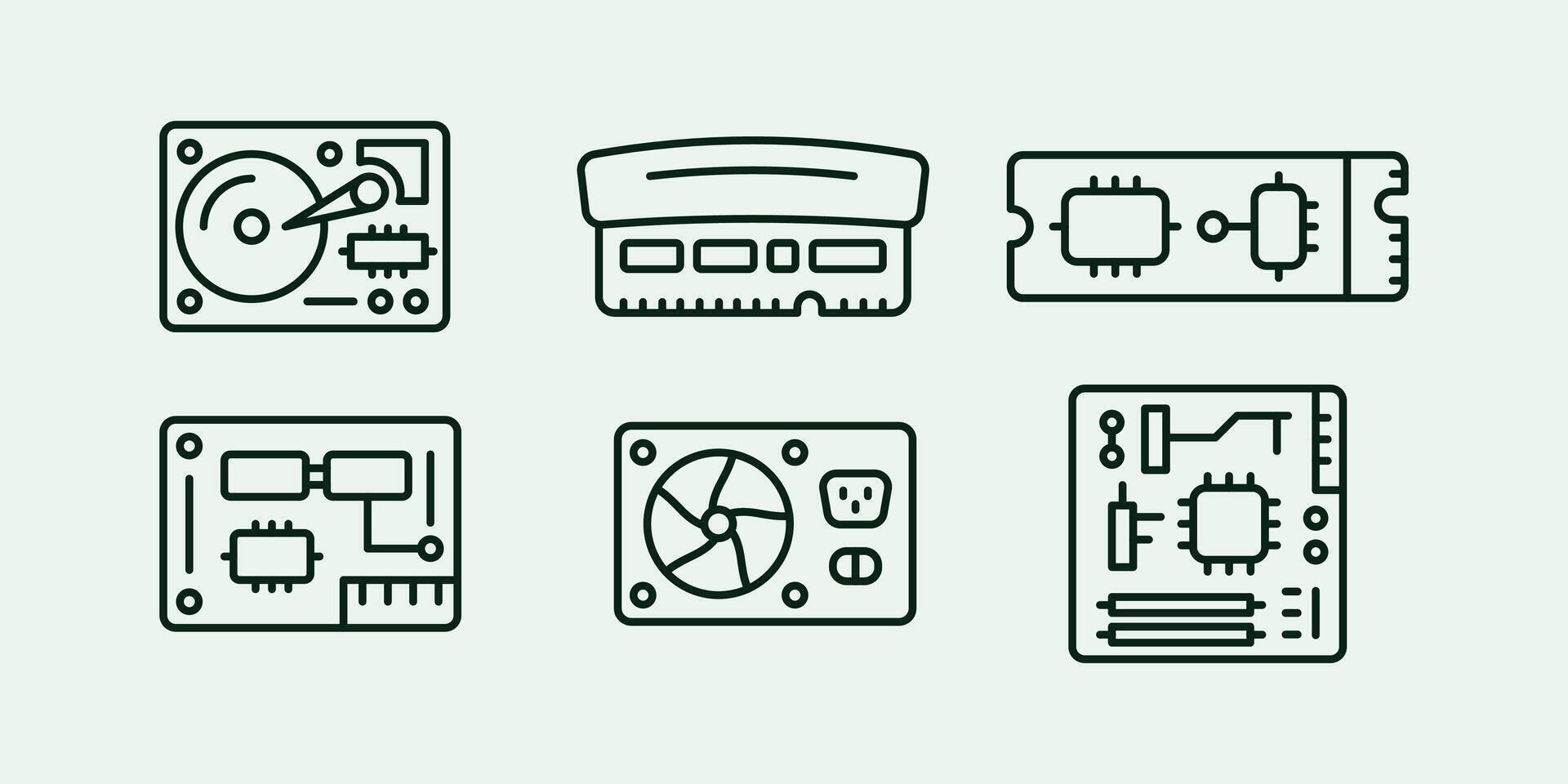 computadora hardware interno partes línea ilustración icono conjunto diseño vector