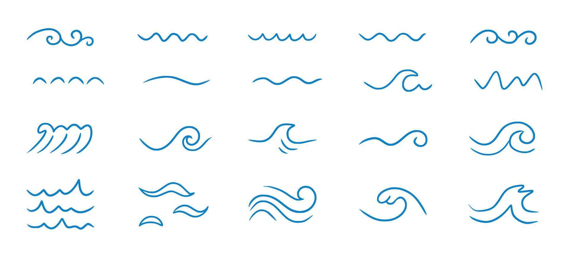 Wave sea line doodle icon set. Hand drawn sketch water wave outline. Simple curve, scribble aqua flow. Isolated vector