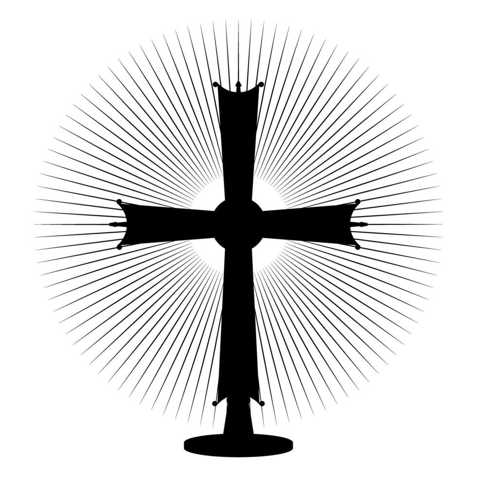 Ancient Christian cross silhouette with sun rays icon symbol vector