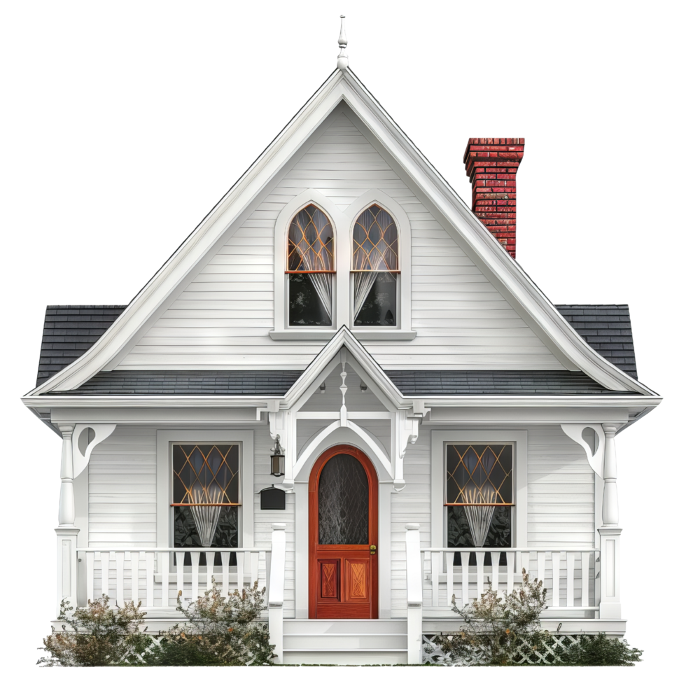White Victorian House with Red Door and Brick Chimney png