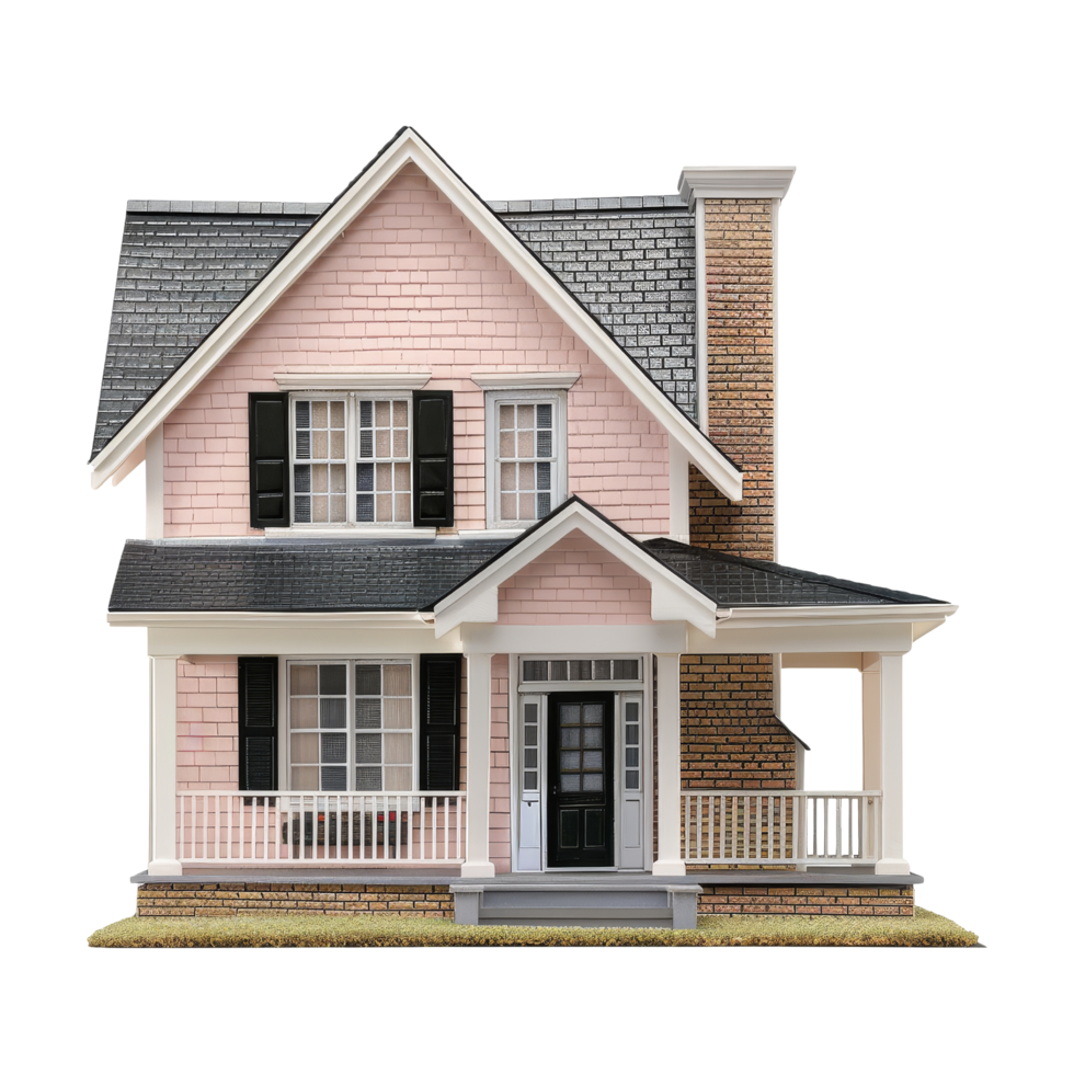 roze huis met wit trimmen en veranda png