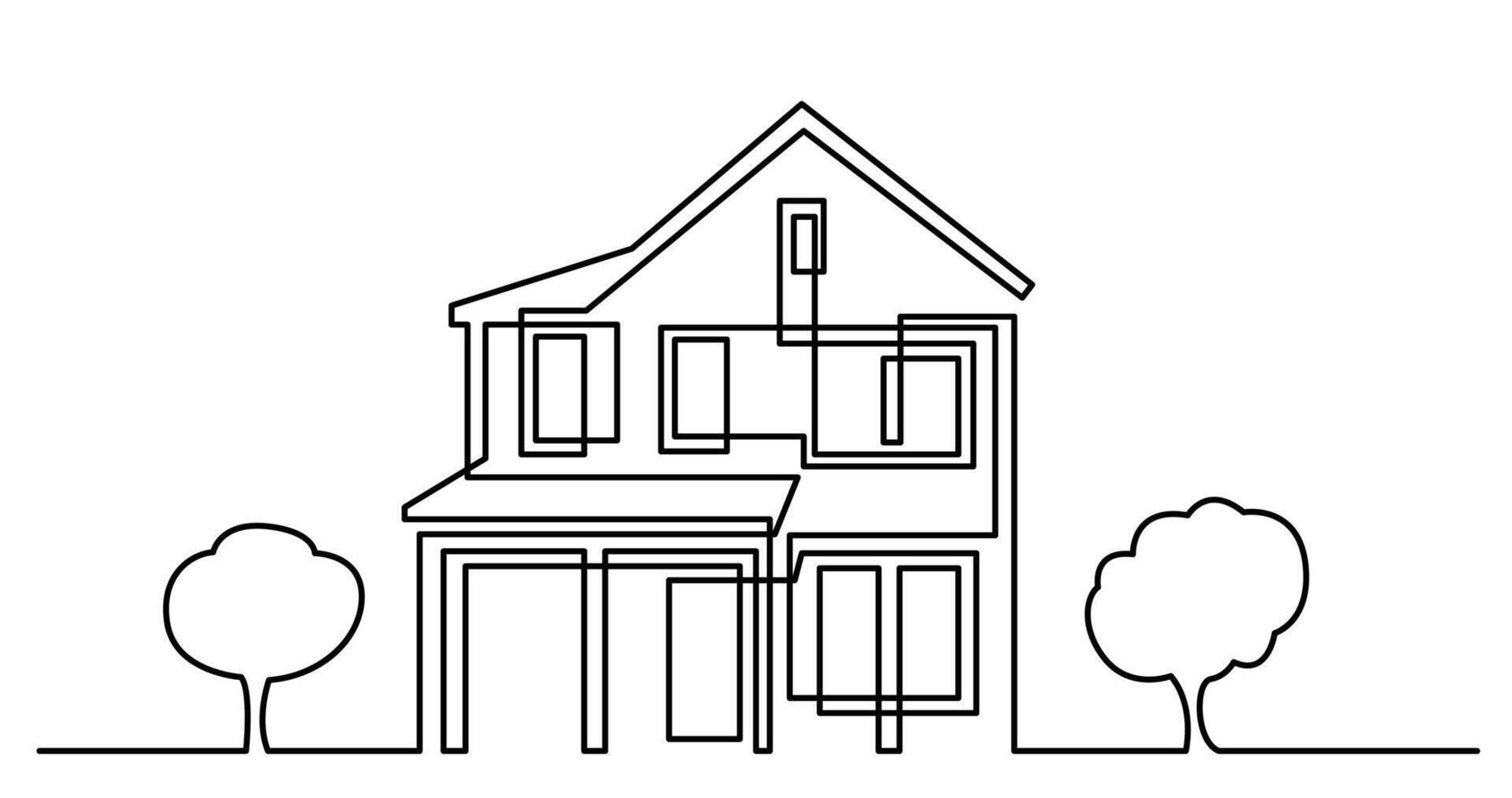 continuous line drawing of house exterior in suburb neighbourhood as real estate home property concept vector