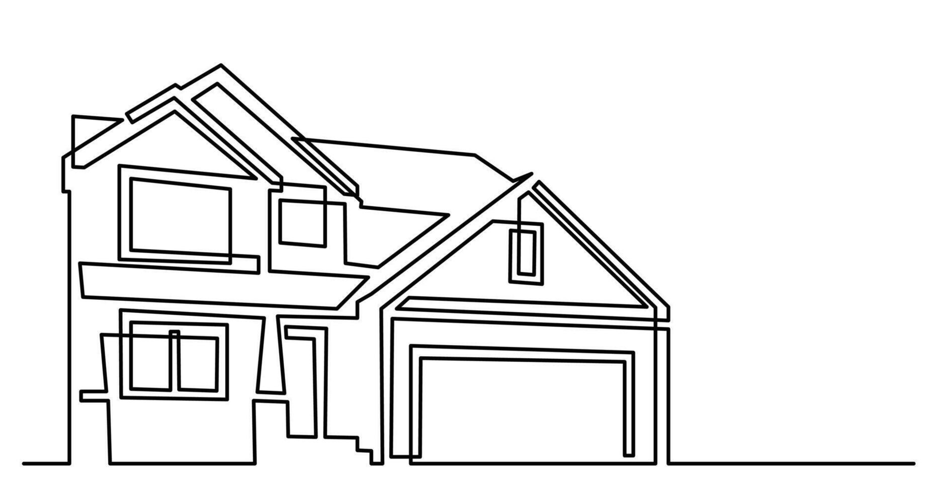 continuous line drawing of house exterior in suburb neighbourhood as real estate home property concept vector
