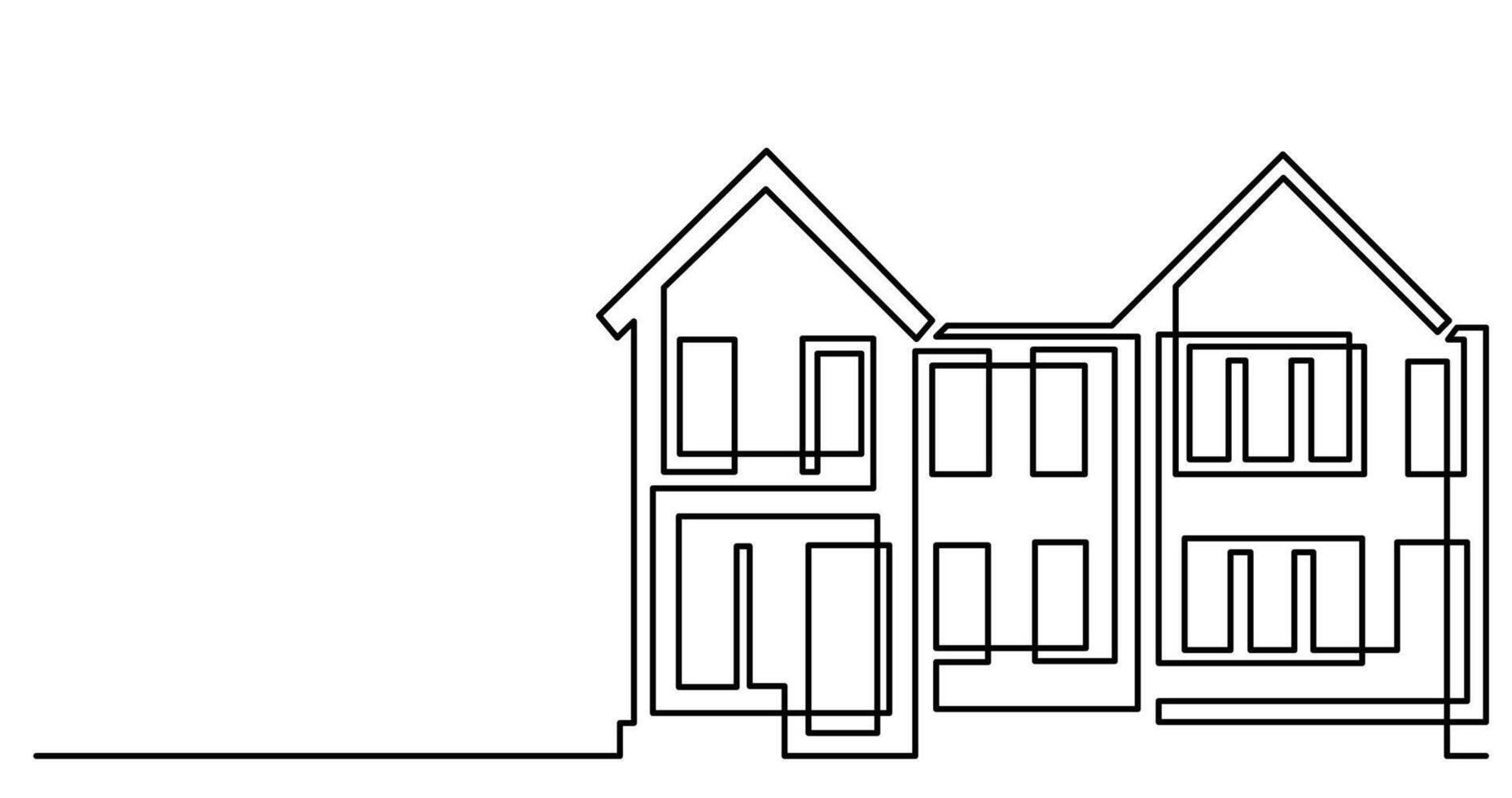 continuous line drawing of house exterior in suburb neighbourhood as real estate home property concept vector