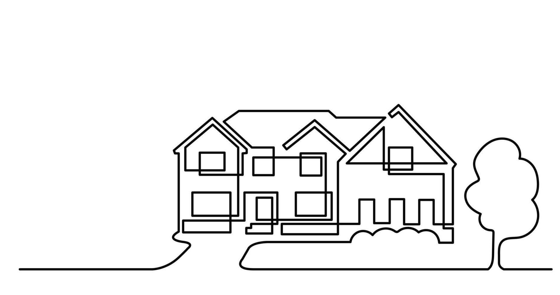 continuous line drawing of house exterior in suburb neighbourhood as real estate home property concept vector