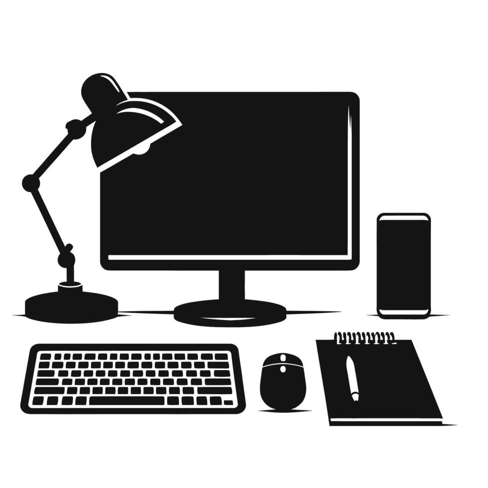 Computer desk with keyboard, mouse, lamp and phone vector