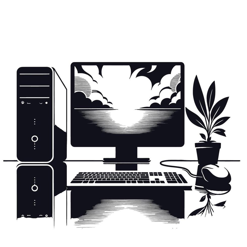 Computer desk with a monitor and keyboard vector