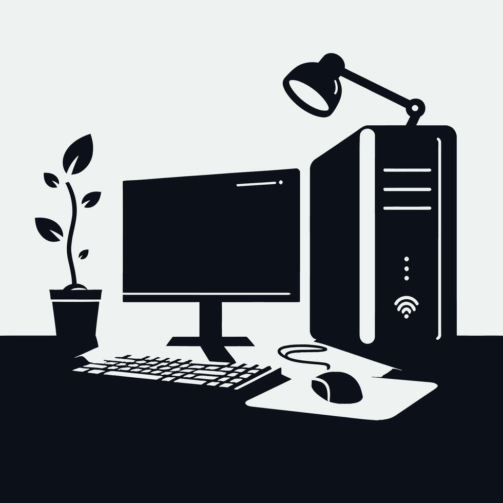 Computer desk with lamp and plant on it vector