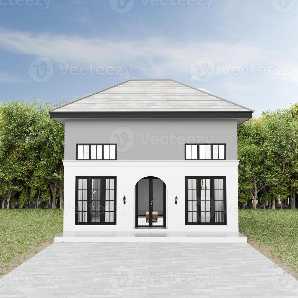 The exterior of a simple, classic style house is white, front view. 3D Rendering photo