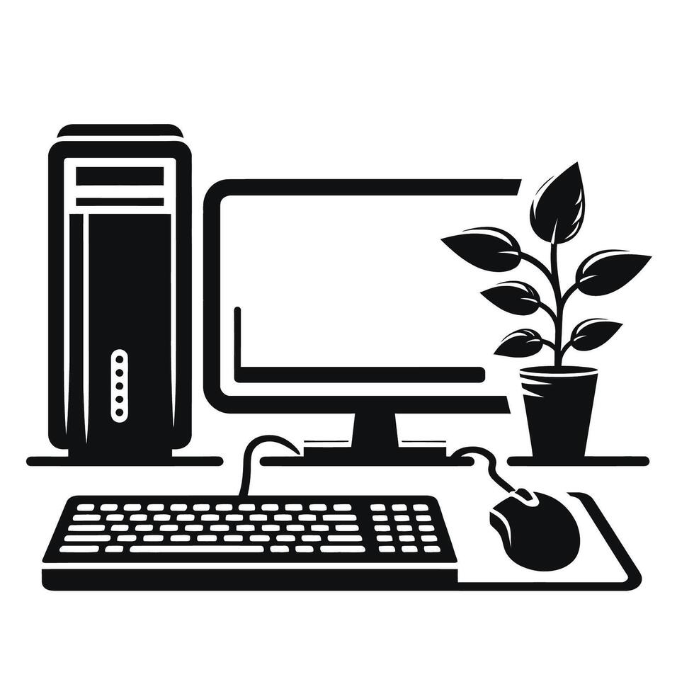 Computer desk with mouse and plant on white background vector