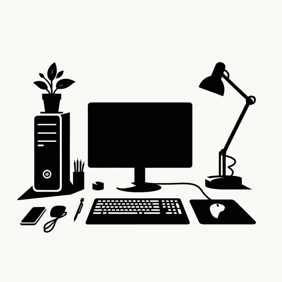 Computer desk with lamp, mouse, keyboard and other items vector