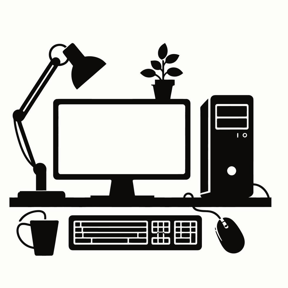 Computer desk with lamp, keyboard and mouse illustration vector