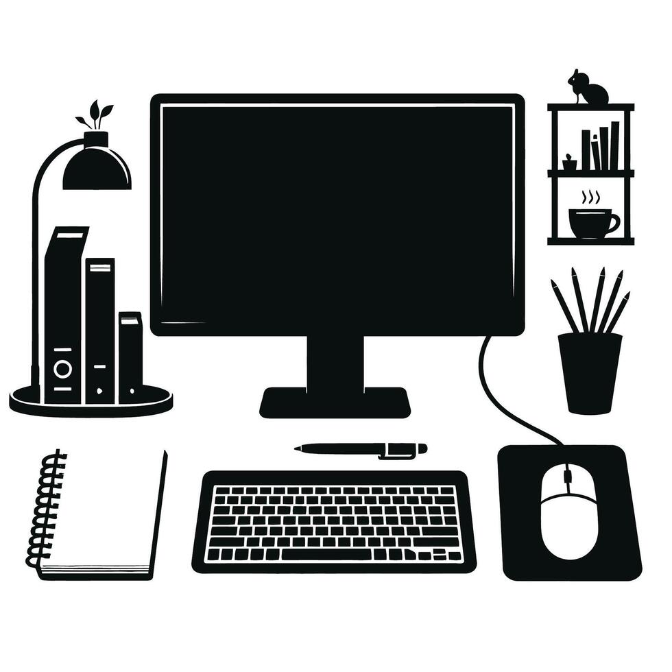 Computer desk with computer, mouse, keyboard, lamp, books, and other items vector