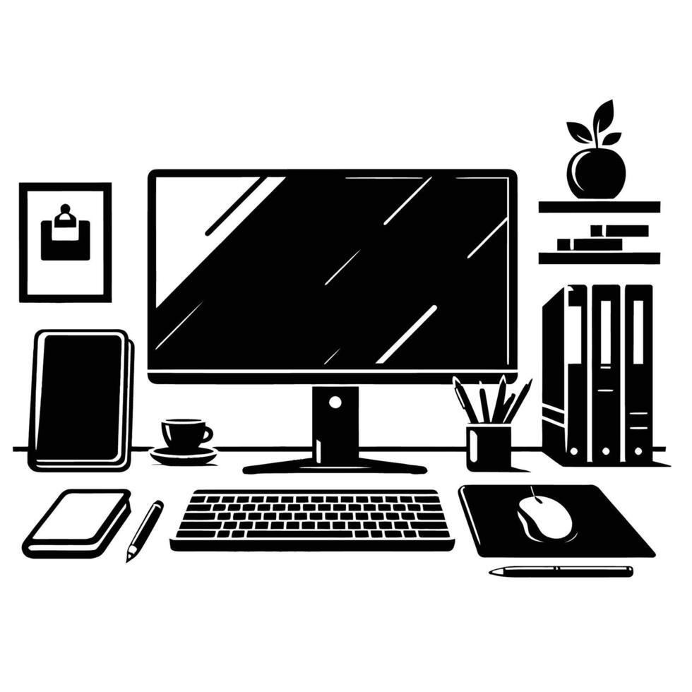 Computer desk with monitor, keyboard, mouse and other items vector