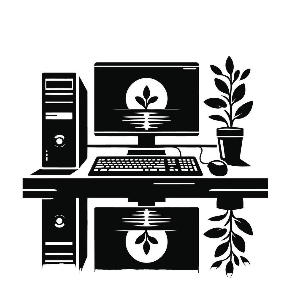 A computer and plant on a desk vector