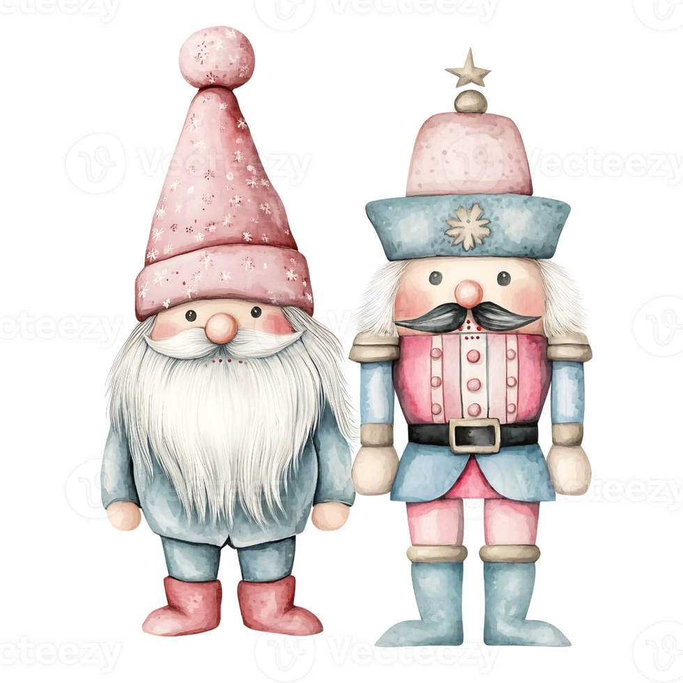 Cute Gnome Santa claus with Nutcracker toy, watercolor png