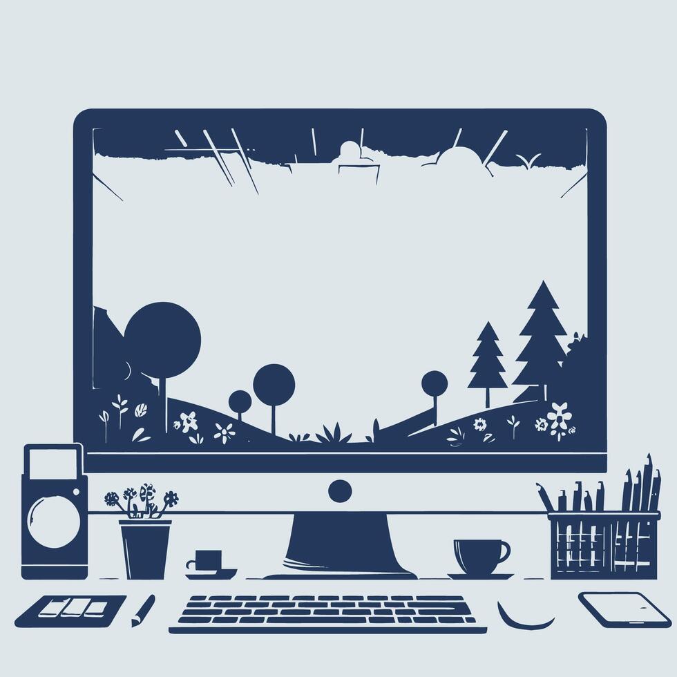 Computer monitor with a landscape view, a laptop, a mouse, a keyboard, and a cup vector
