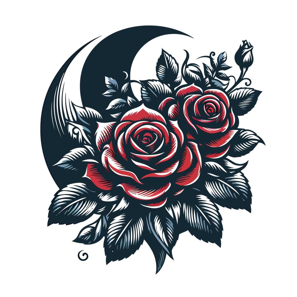A tattoo style rose with a crescent moon vector