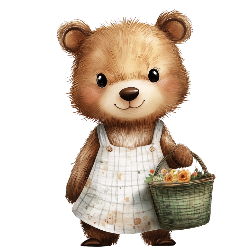 Cute teddy bear with a basket, wearing vintage dress watercolor png