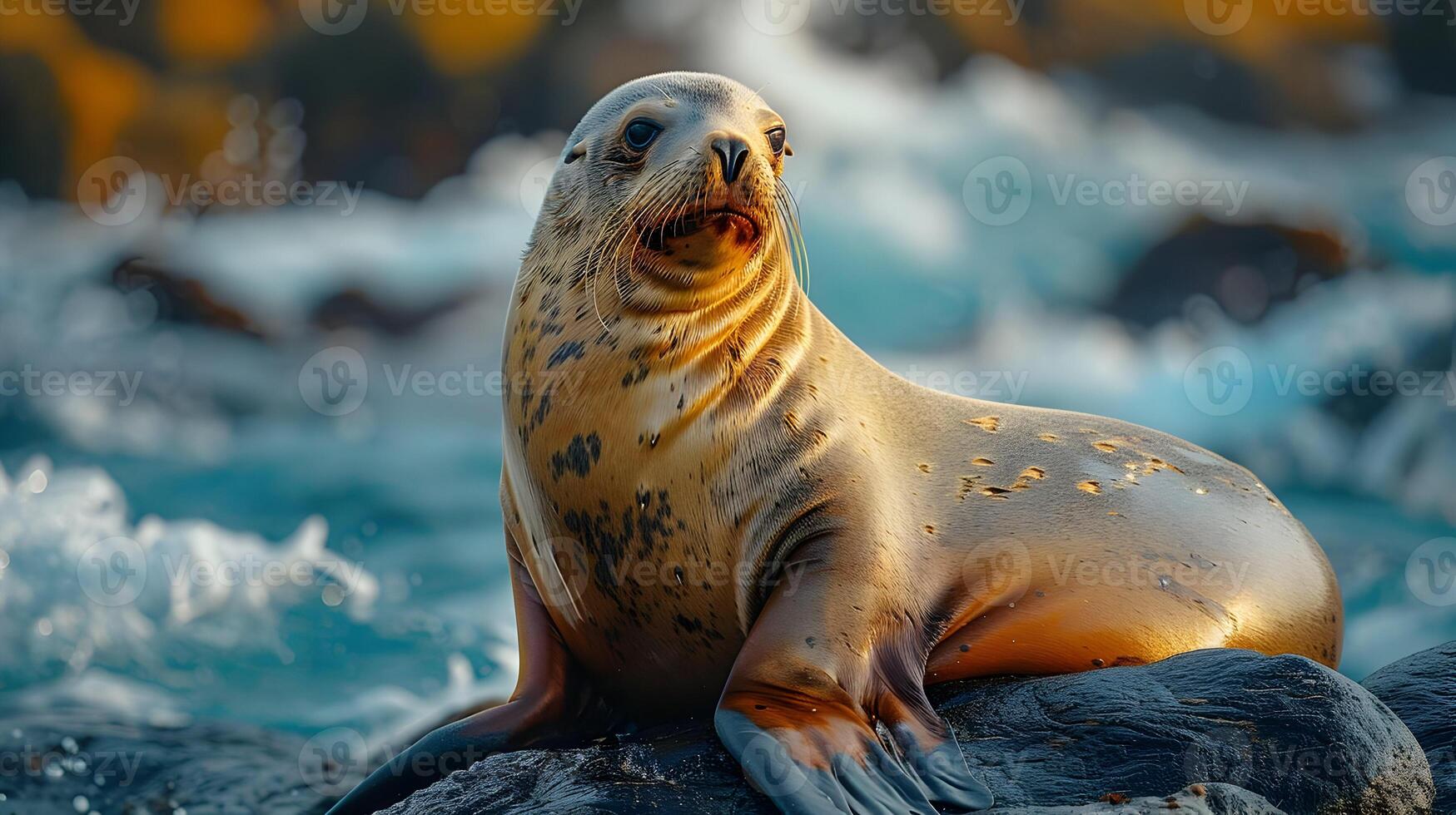 Sea Lion Resting on Rocks with Ocean Waves in the Background - Realistic Wildlife Photo