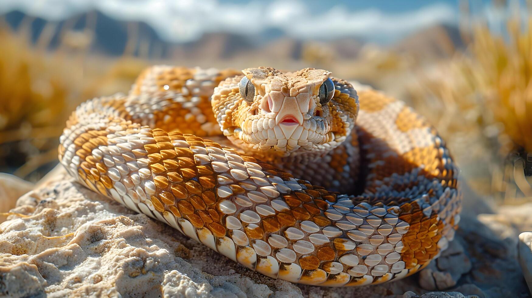 Close Up Photo of a Yellow and White Snake on a Rock