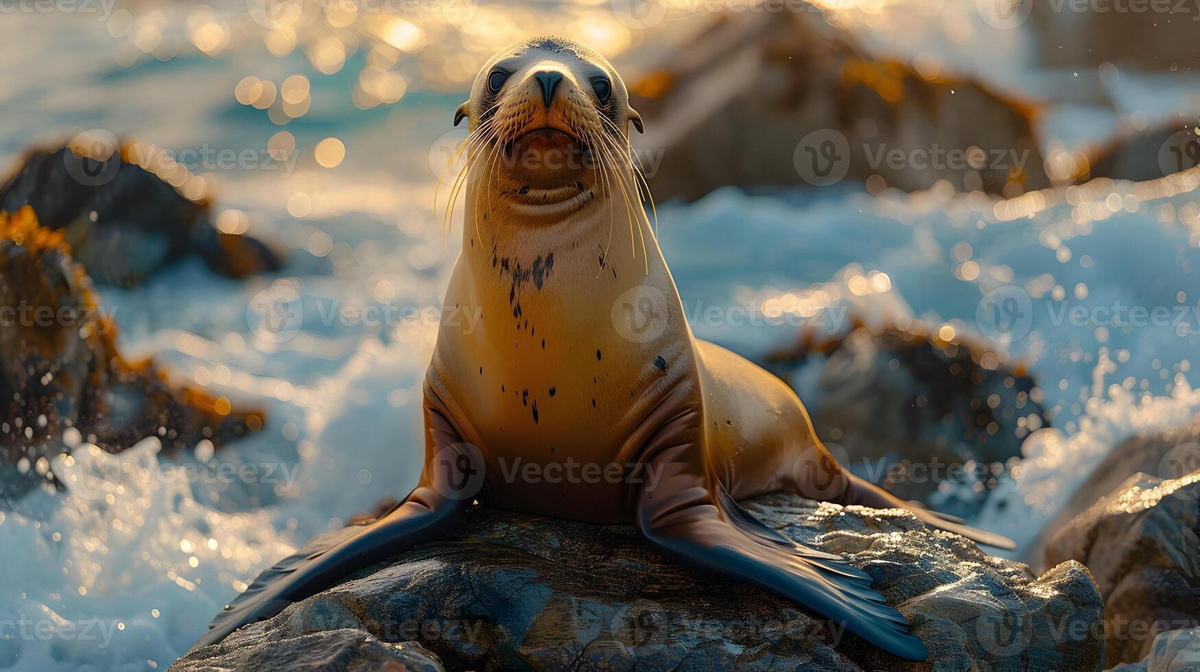 Sea Lion on Rocky Shore with Blurry Background - Photo