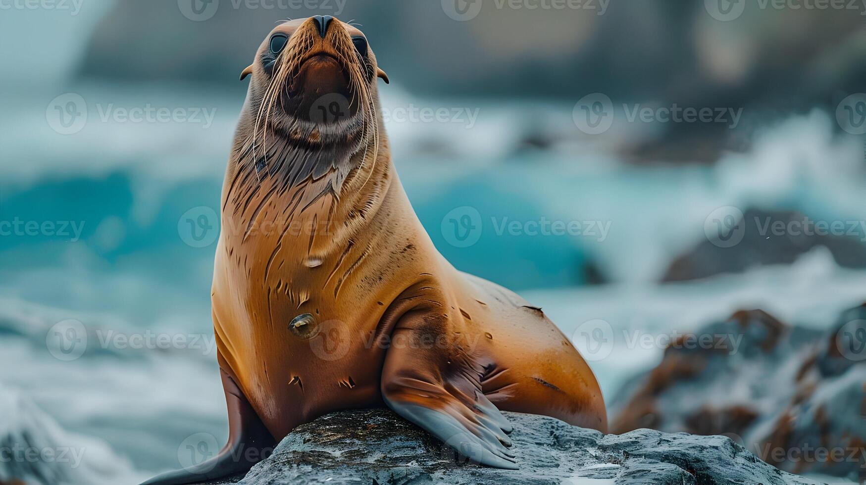 Sea Lion Resting on a Rock, Close Up, Realistic Photo