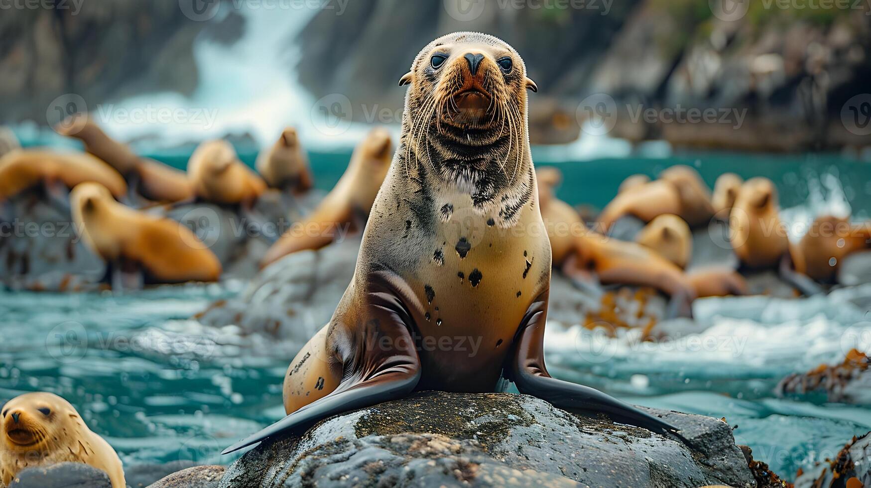 A Sea Lion Resting on Rocks by the Ocean - A Photo