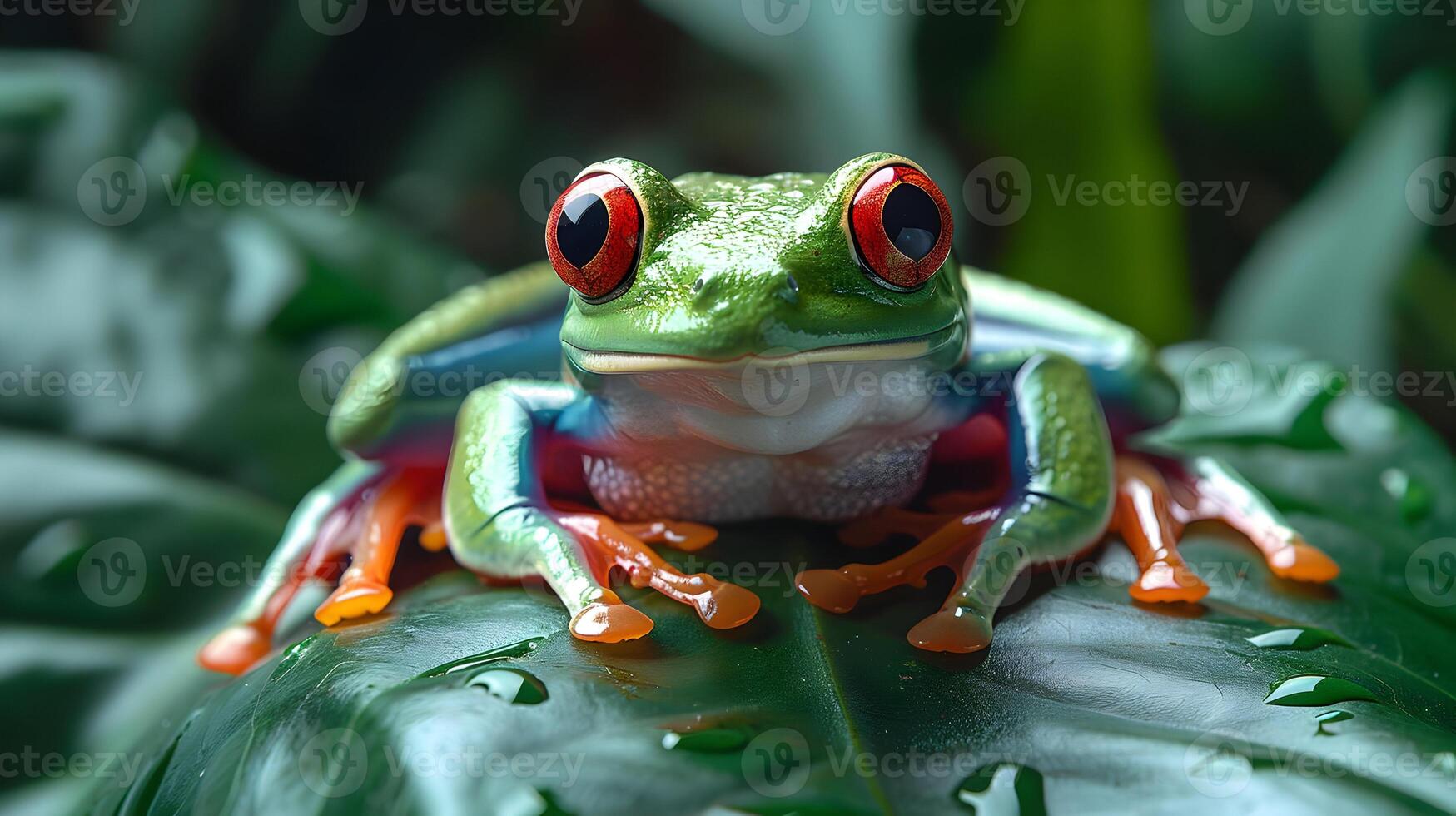 Vibrant Green Tree Frog with Red Eyes on a Lush Green Leaf - Realistic Image photo