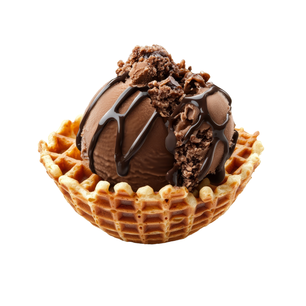 Enjoy a rich scoop of chocolate ice cream in a crispy waffle bowl, perfect for a sweet treat, chocolate ice cream with waffle on transparent background png