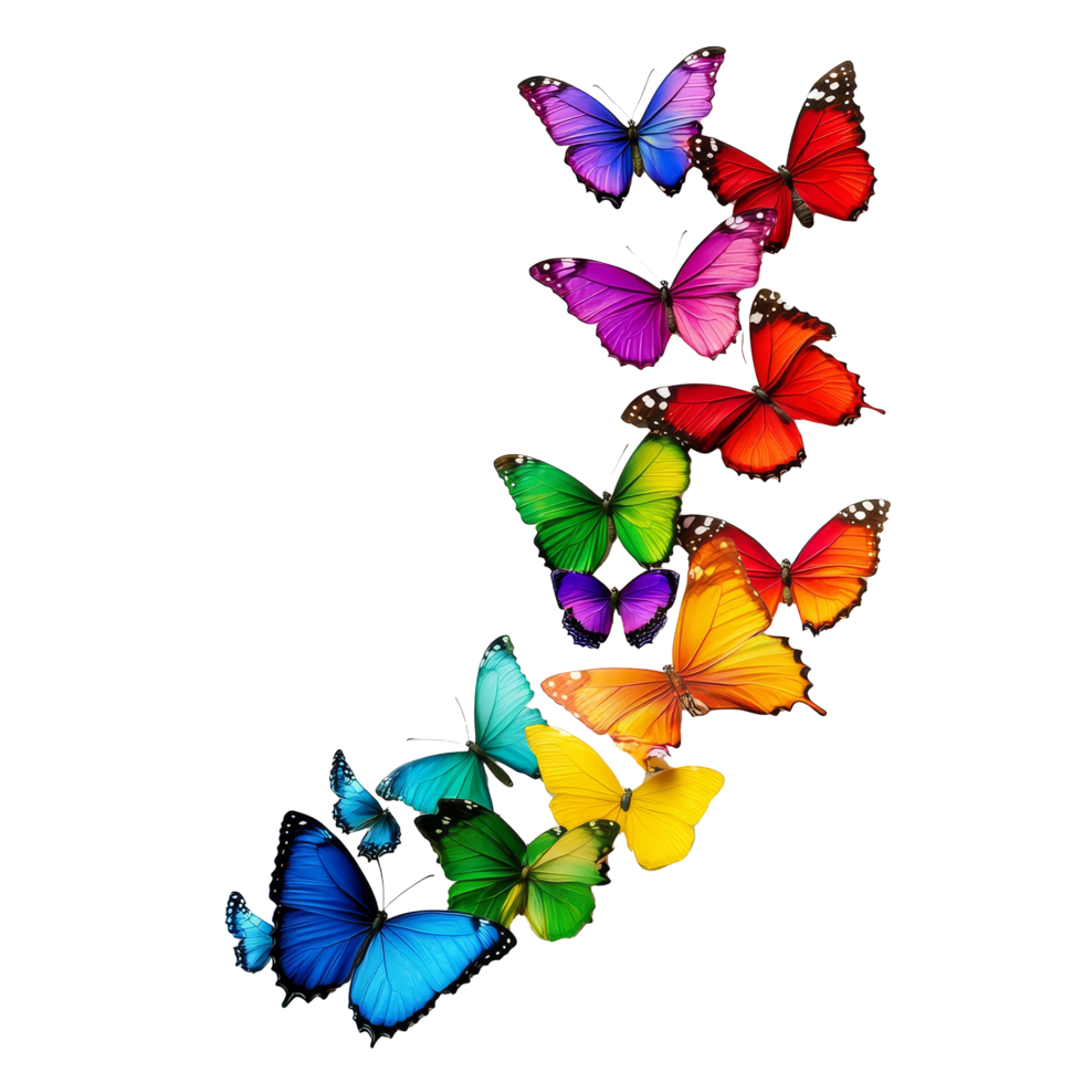 A vibrant array of rainbow butterflies fills the space, each uniquely decorated, showcasing natures beauty, beautiful rainbow colored butterflys on transparent background png
