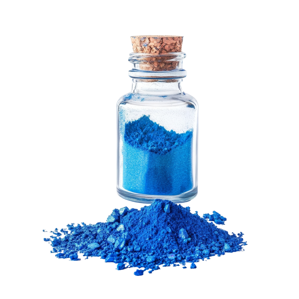 A vibrant blue pigment powder sits in a glass bottle with a cork, accompanied by a mound of powder on a surface, blue pigment powder with glass bottle isolated transparent background png