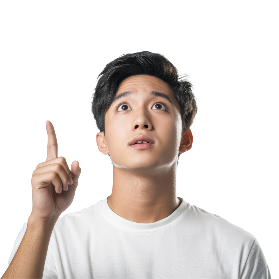 A young Asian man wearing a t-shirt points upward with a thoughtful expression, conveying a moment of realization, Attractive young smart Asian man pointing up with his finger transparent background png