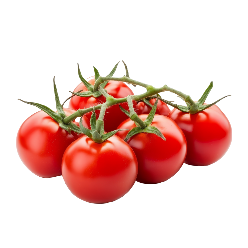 A cluster of ripe red tomatoes on green vines against a transparent background, showcasing their beauty and freshness, bunch of tomatoes on transparent background png