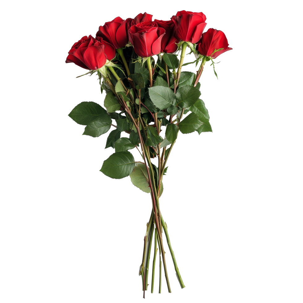 A lovely bouquet of red roses, perfect for celebrating Valentine's Day, features vibrant blooms and lush green leaves, bouquet of red roses for valentines day on transparent background png